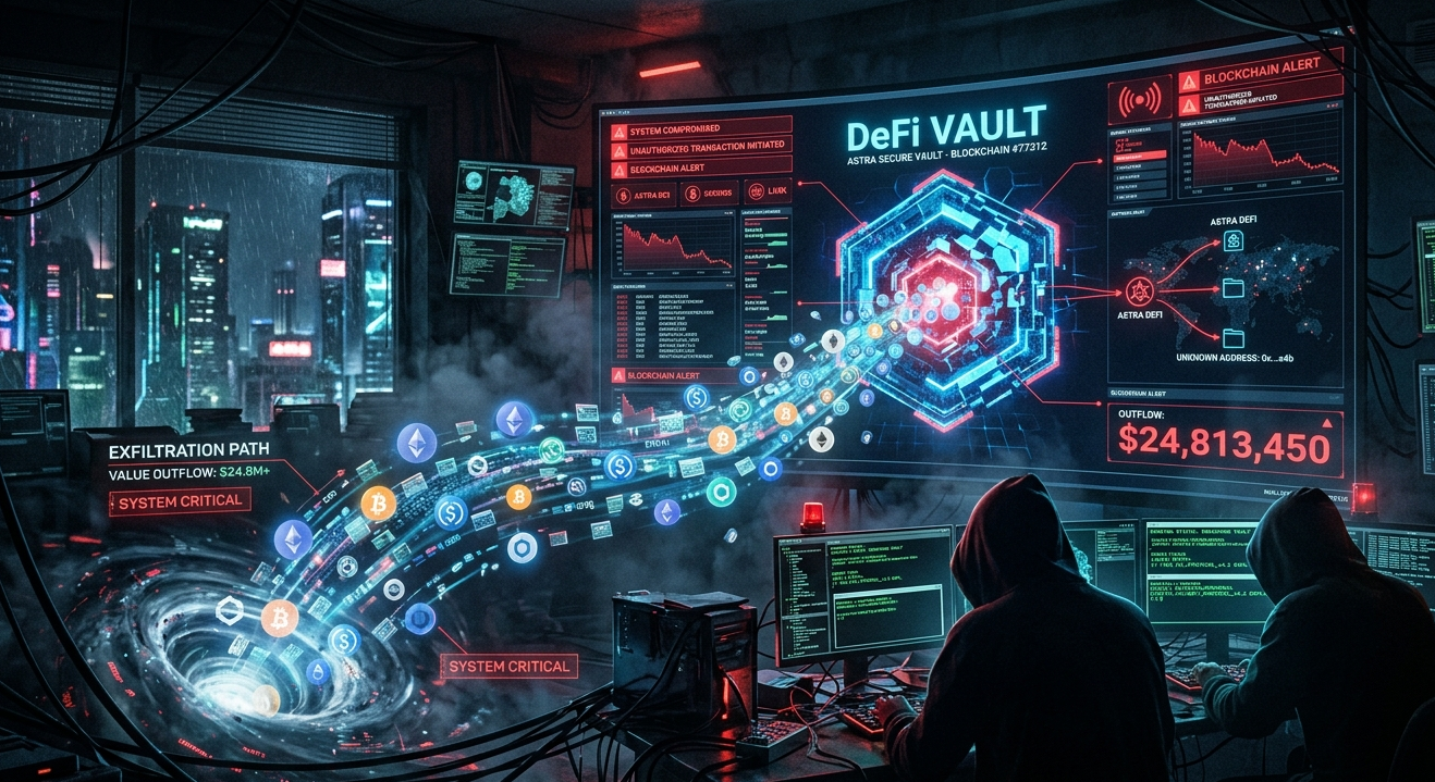 Visualization of a major smart contract exploit where millions in cryptocurrency are drained from a DeFi protocol