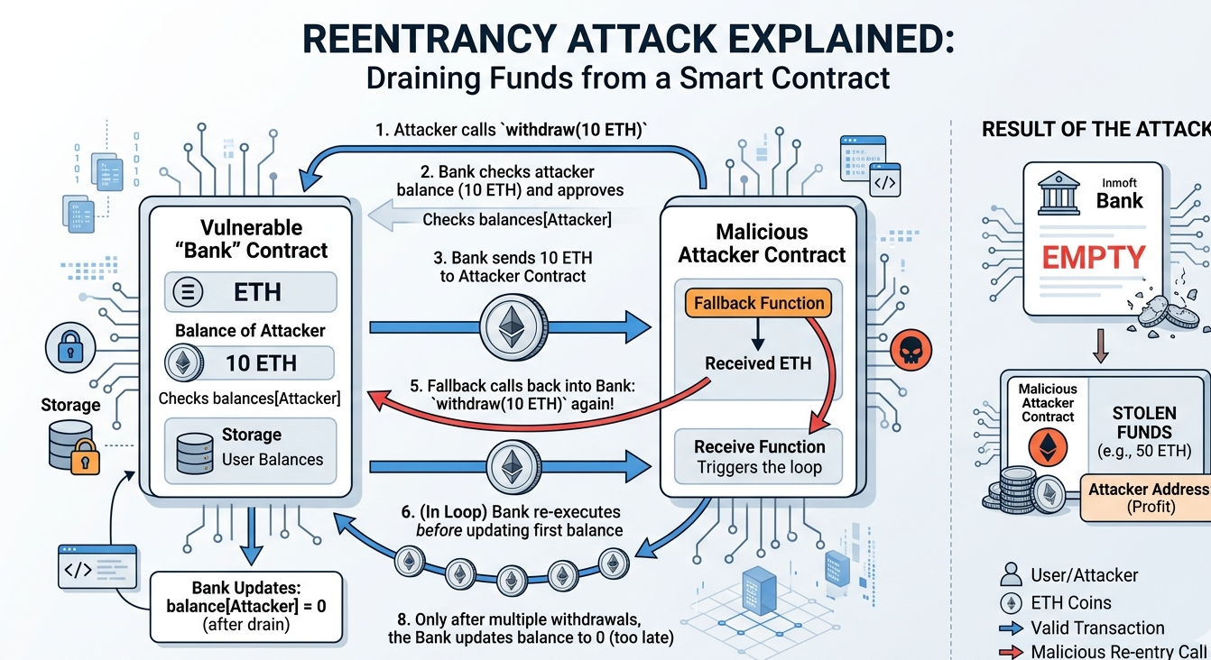 Diagram illustrating The DAO hack reentrancy attack draining Ethereum funds through repeated contract calls