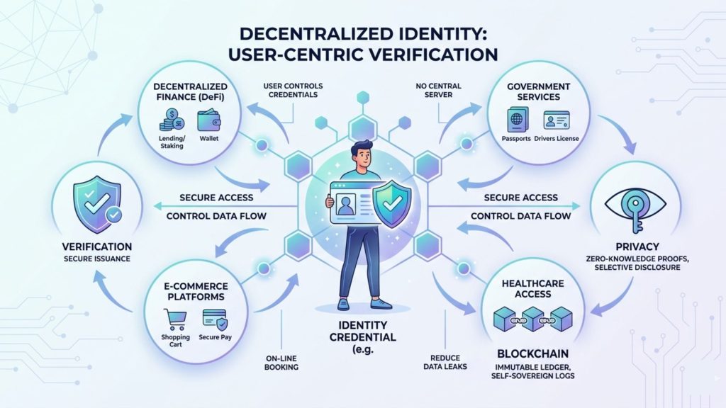Illustration of decentralized identity system enabling secure and privacy preserving user verification on blockchain