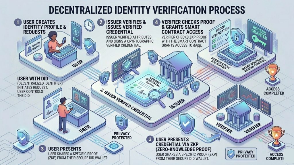 Diagram showing decentralized identity verification for KYC and compliance in Web3