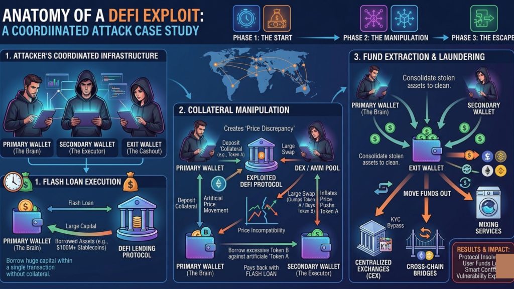 DeFi exploit case study showing coordinated attacker wallets, fund extraction, and movement to exchanges and bridges