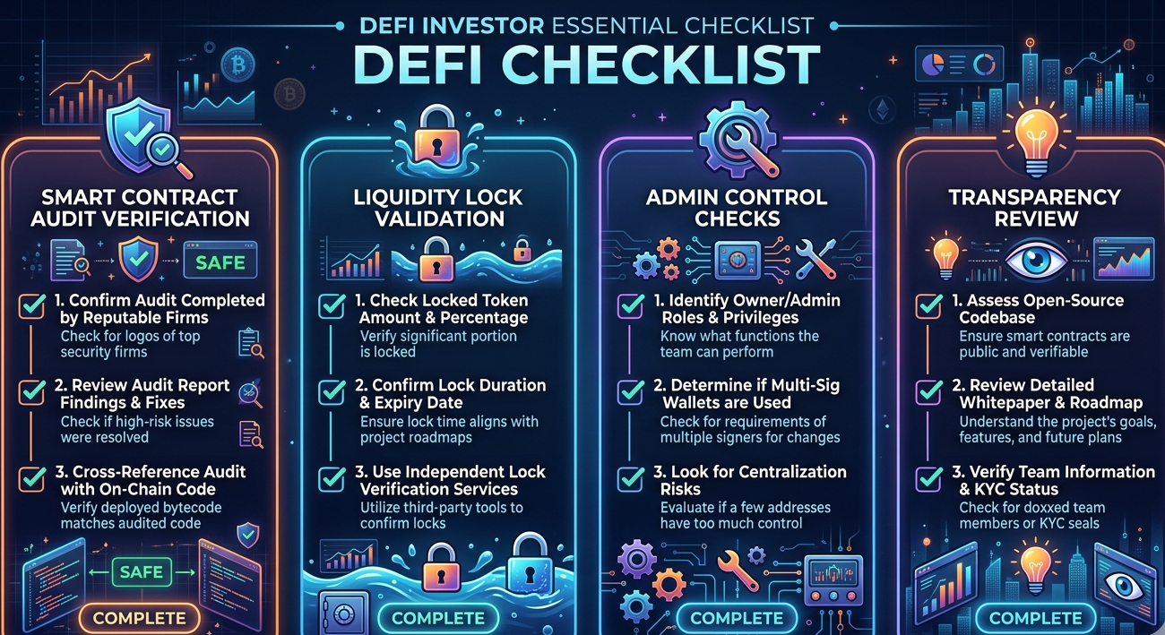 Checklist infographic for detecting rug pull risks in DeFi projects