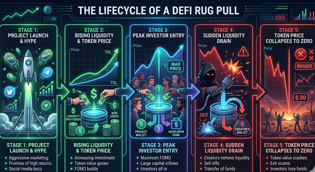 DeFi rug pull lifecycle showing hype, liquidity growth, sudden drain, and price collapse