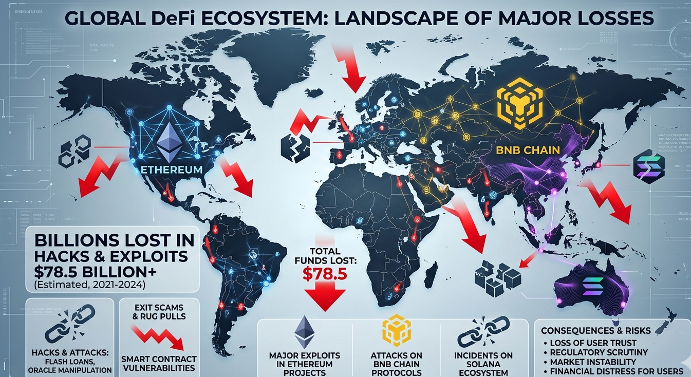 Infographic showing billions of dollars lost in DeFi hacks and smart contract exploits across multiple blockchain networks