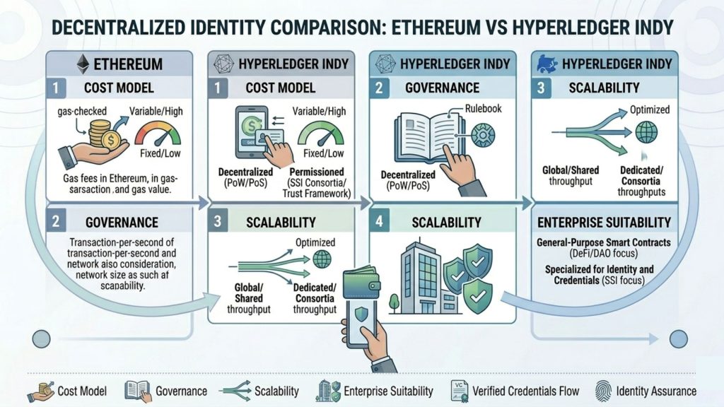 Comparison of decentralized identity ledgers including Ethereum and Hyperledger Indy based on cost governance and scalability
