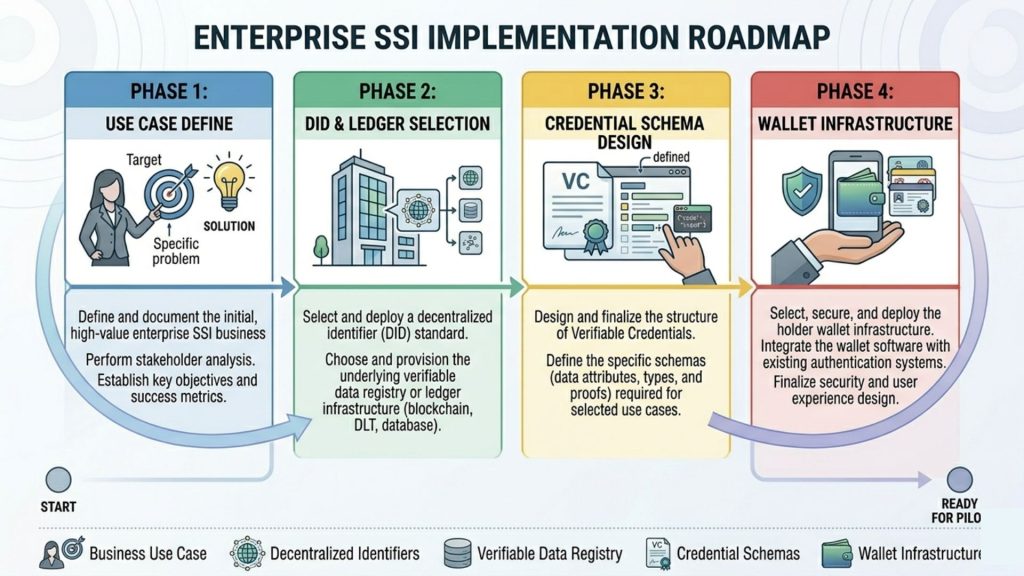 Step by step roadmap for enterprise self-sovereign identity implementation including use case design ledger selection schema and wallet setup
