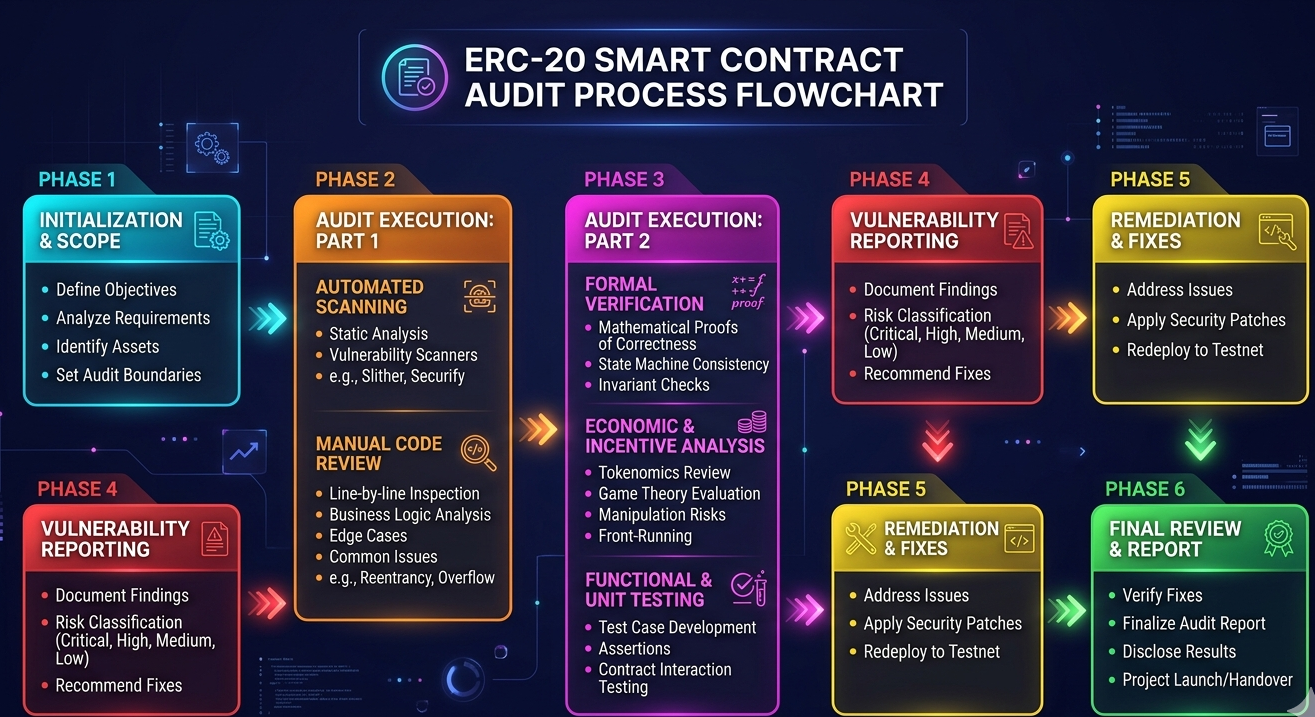Flowchart showing steps in ERC-20 smart contract audit process from scanning to verification