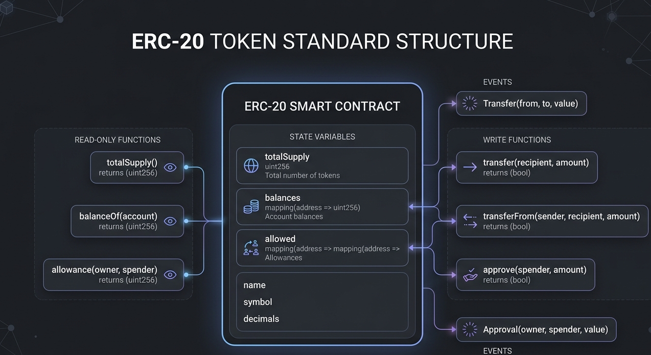 Diagram showing core ERC-20 functions like transfer, approve, and allowance