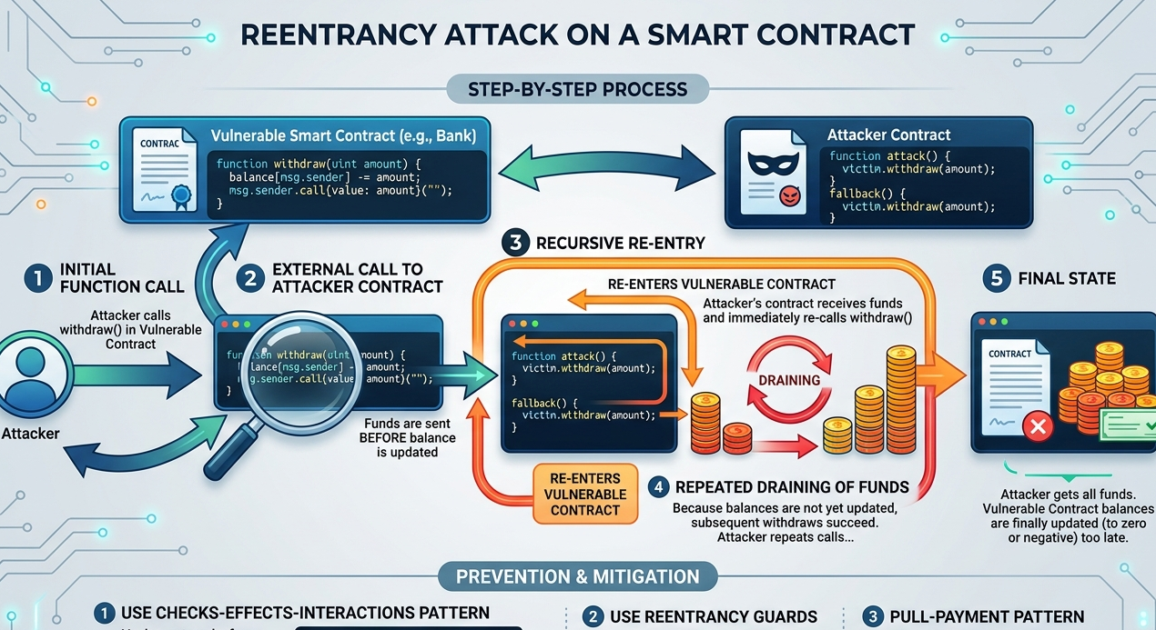 Step-by-step diagram of reentrancy attack draining ERC-20 token balances