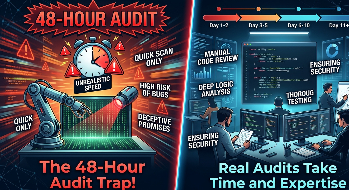 Warning illustration showing unrealistic 48-hour audit claim versus real manual security review process