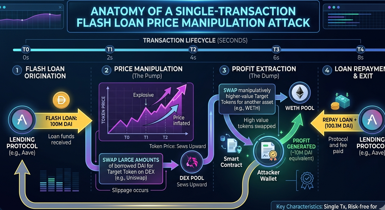 Flash loan attack manipulating DeFi price oracles to exploit a protocol within a single blockchain transaction