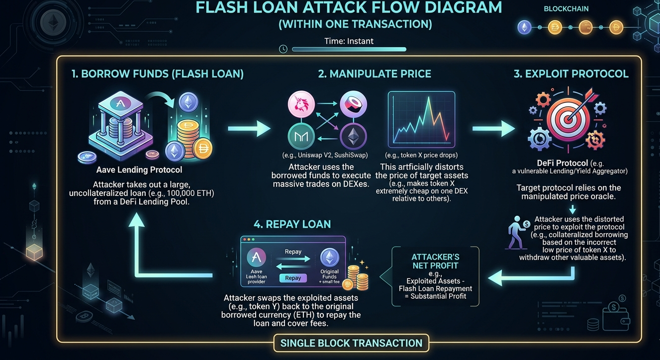 Step-by-step visualization of a flash loan attack manipulating DeFi protocol within one transaction
