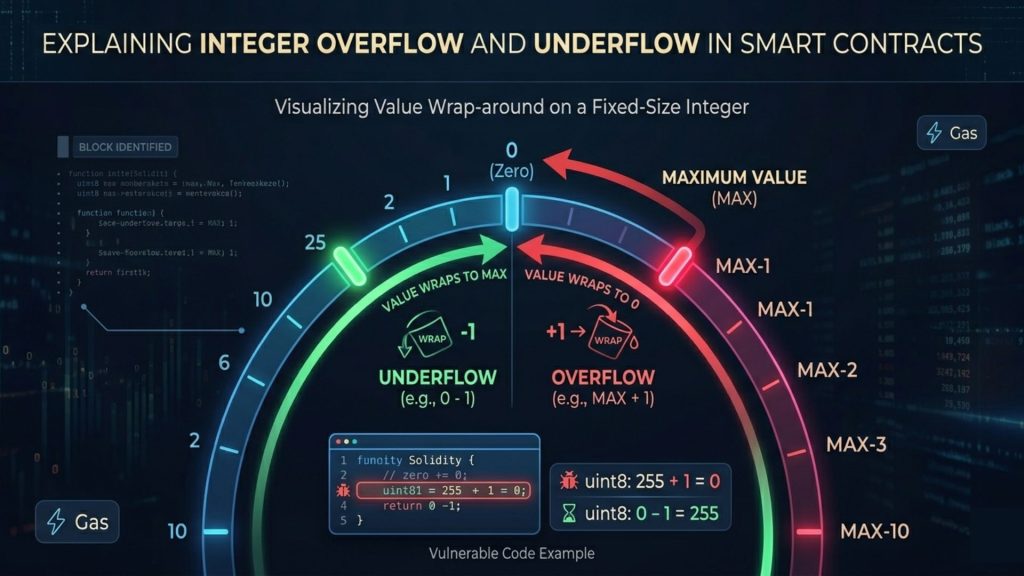 Circular number line illustrating integer overflow and underflow behavior in smart contracts