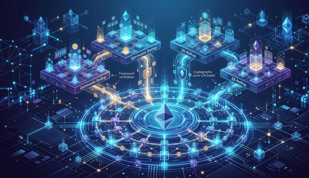 Layer 2 scaling architecture showing Ethereum mainnet with Optimistic and ZK rollups