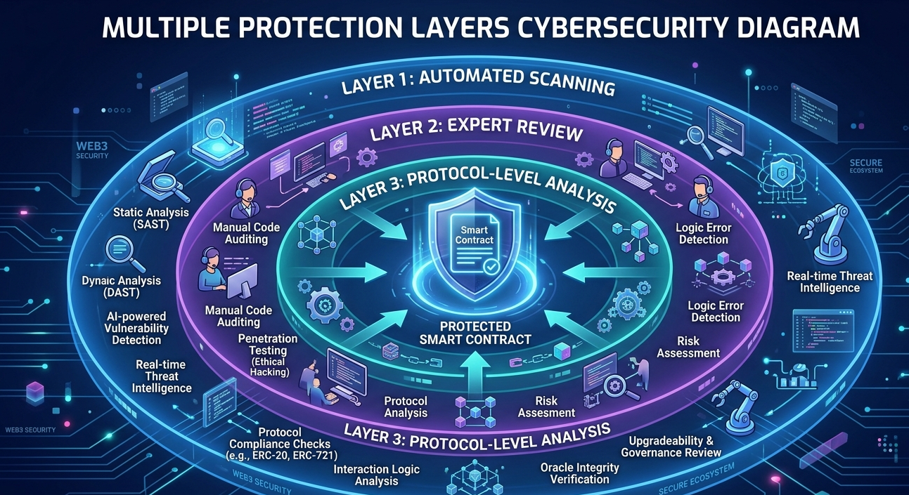 Layered smart contract security combining automated tools and expert analysis