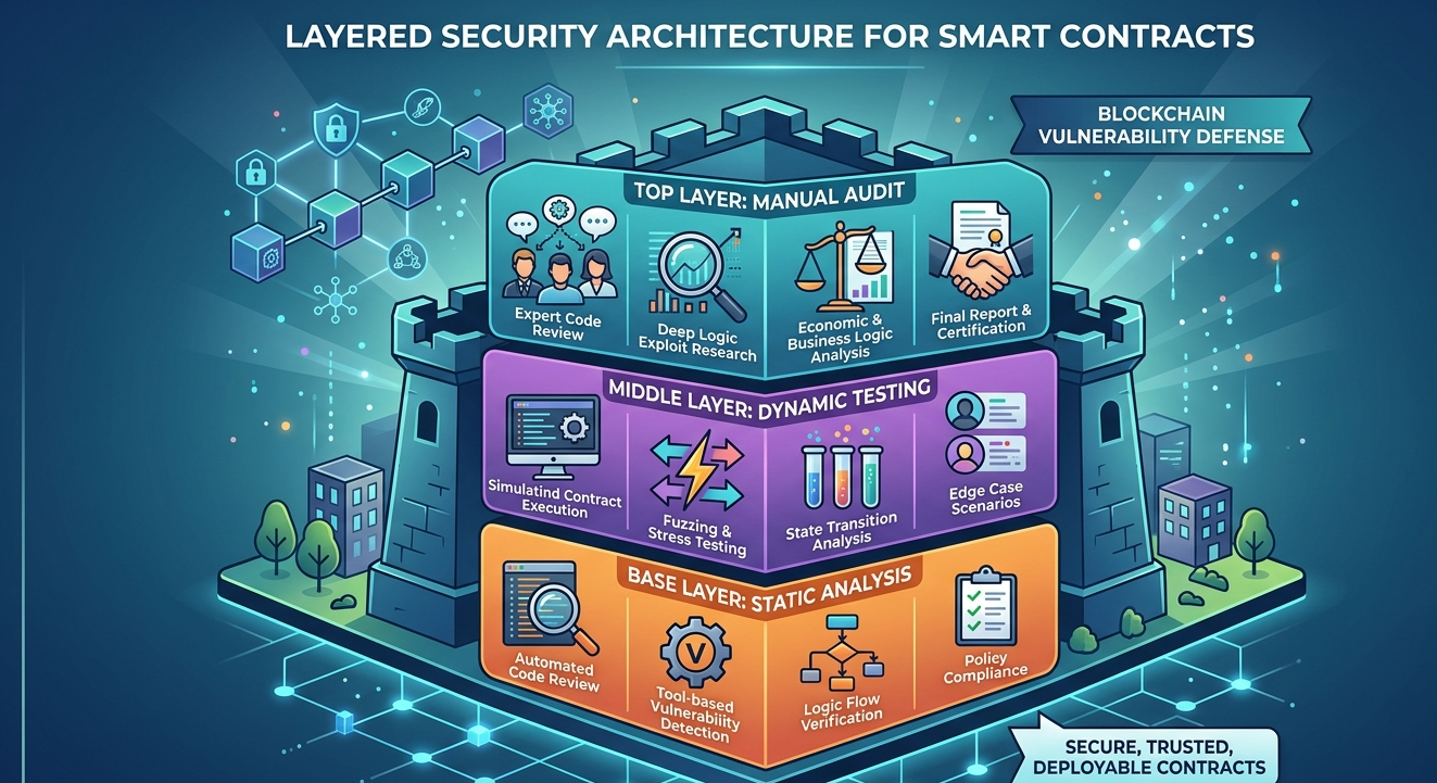 Layered smart contract security approach combining static analysis, dynamic testing, and manual audits