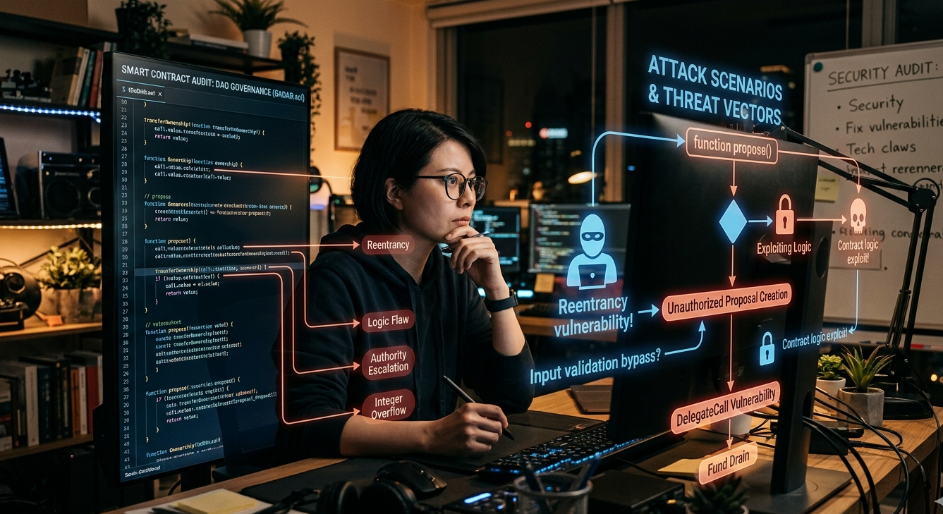 Security researcher analyzing smart contracts with attacker mindset