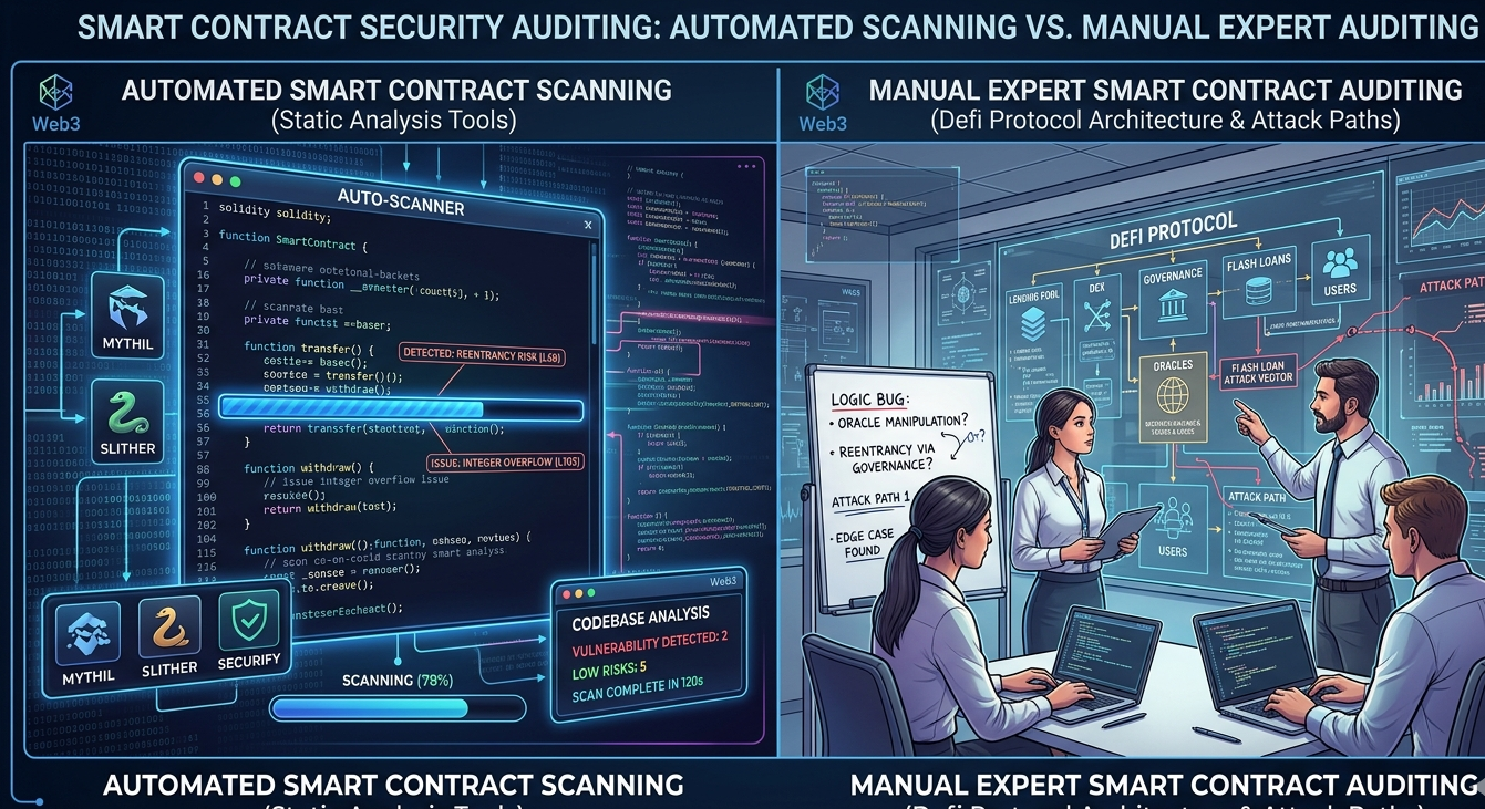 Comparison between automated smart contract vulnerability scanner and manual human security audit process