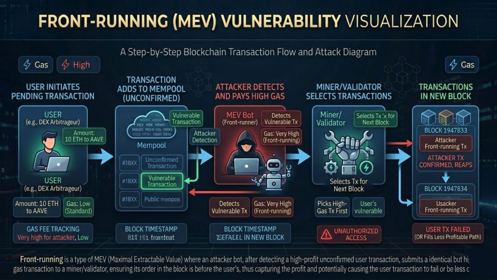 Diagram showing mempool front-running where attacker prioritizes transaction with higher gas fee