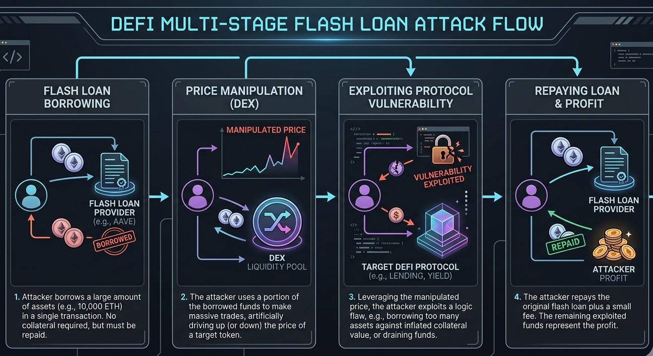 Complex DeFi exploit involving flash loan, price manipulation, and value extraction across multiple steps