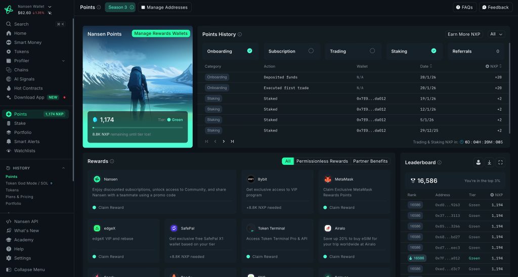Nansen dashboard displaying wallet labeling and on-chain analytics insights