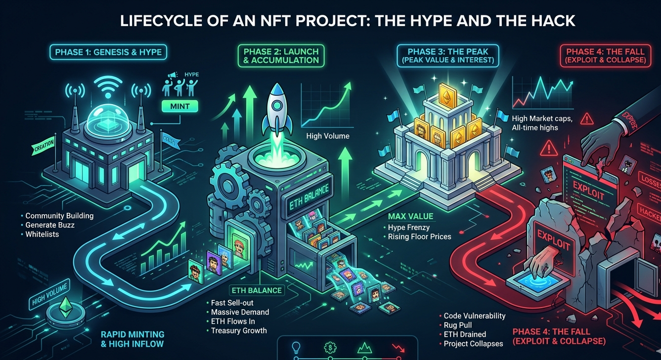 NFT project lifecycle showing hype, mint surge, and smart contract exploit leading to losses