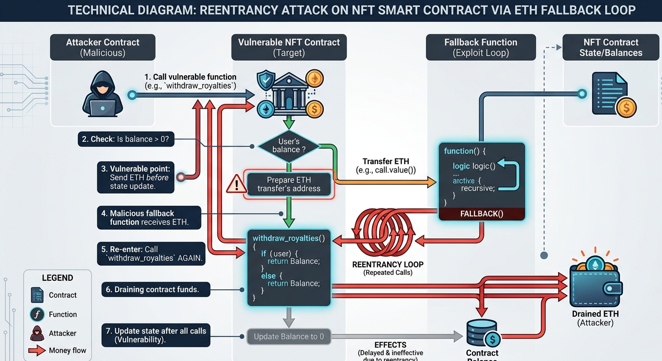 Diagram showing reentrancy attack exploiting mint or withdraw function in NFT contract