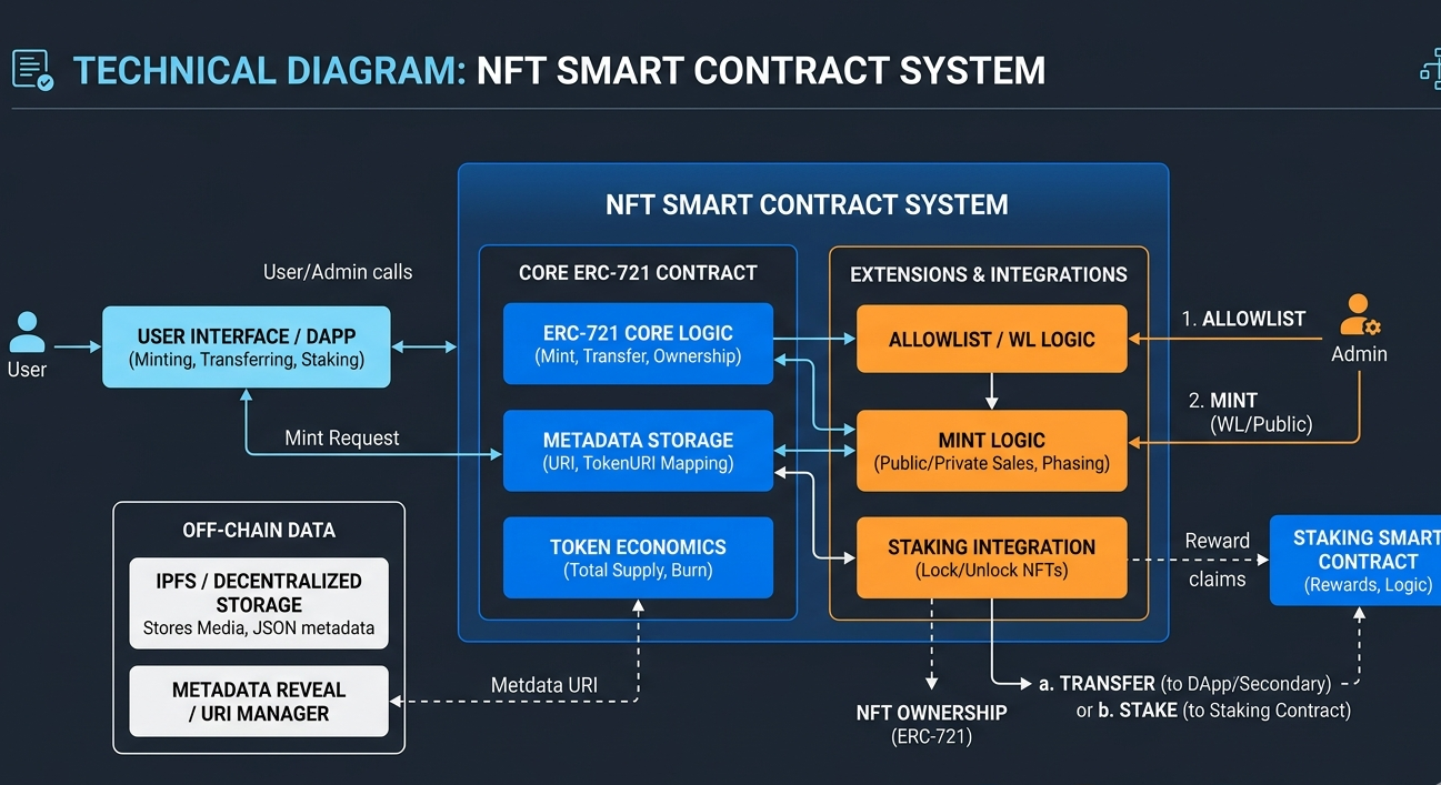 Diagram showing NFT smart contract components including metadata, ownership, and custom