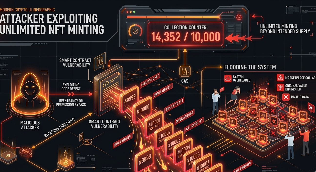 Illustration of attacker minting unlimited NFTs exceeding collection supply