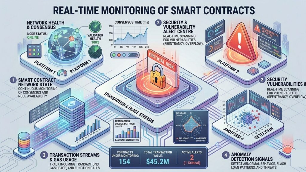 Dashboard showing real-time on-chain monitoring and anomaly detection for smart contracts