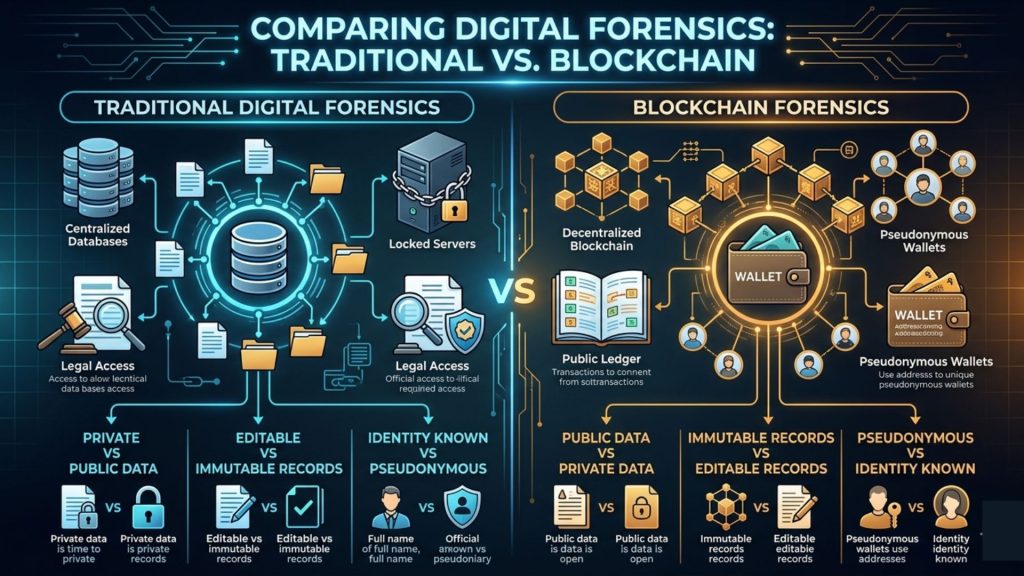 Comparison between traditional digital forensics and blockchain forensics showing centralized vs decentralized data systems