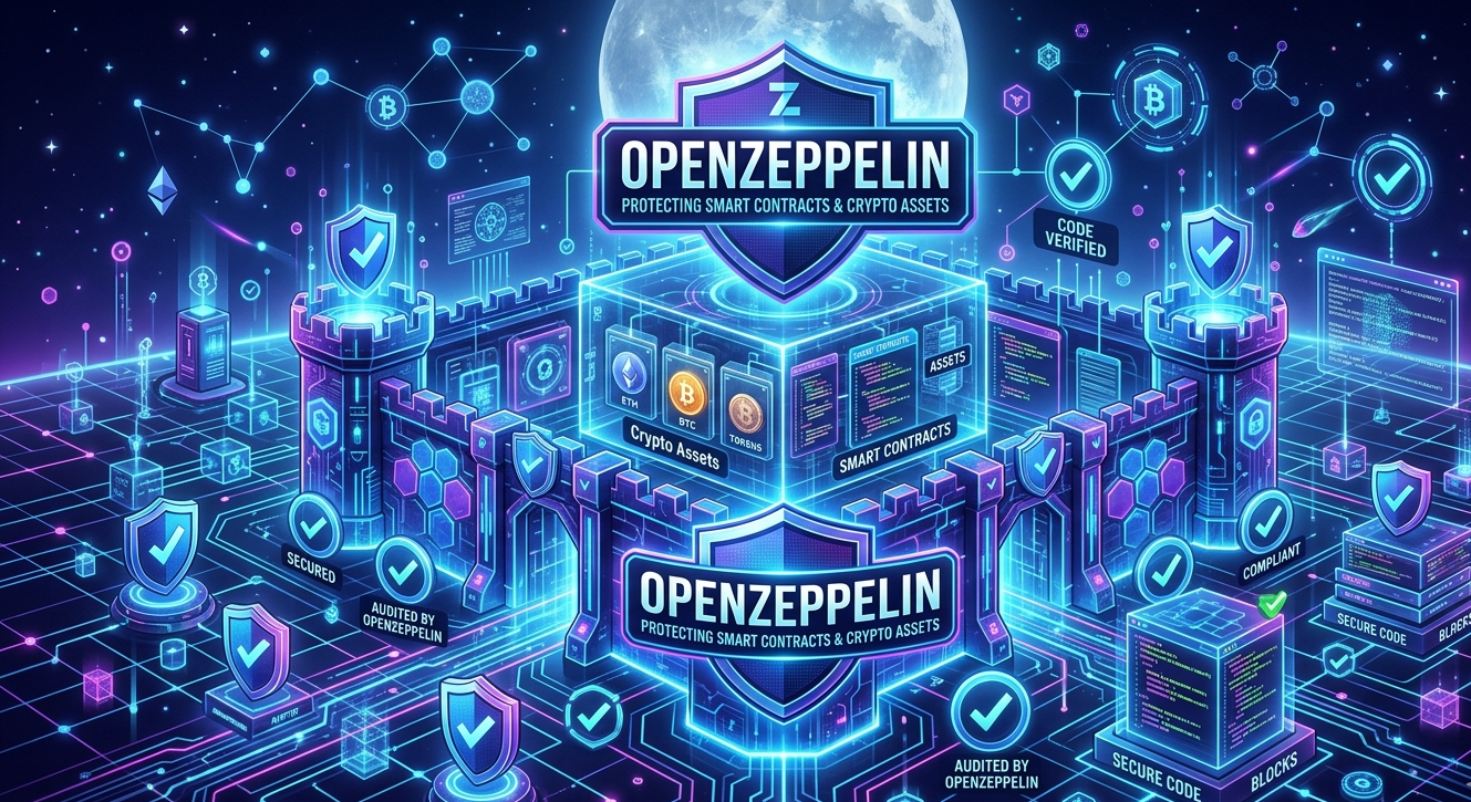 OpenZeppelin smart contract libraries acting as a secure foundation protecting blockchain applications