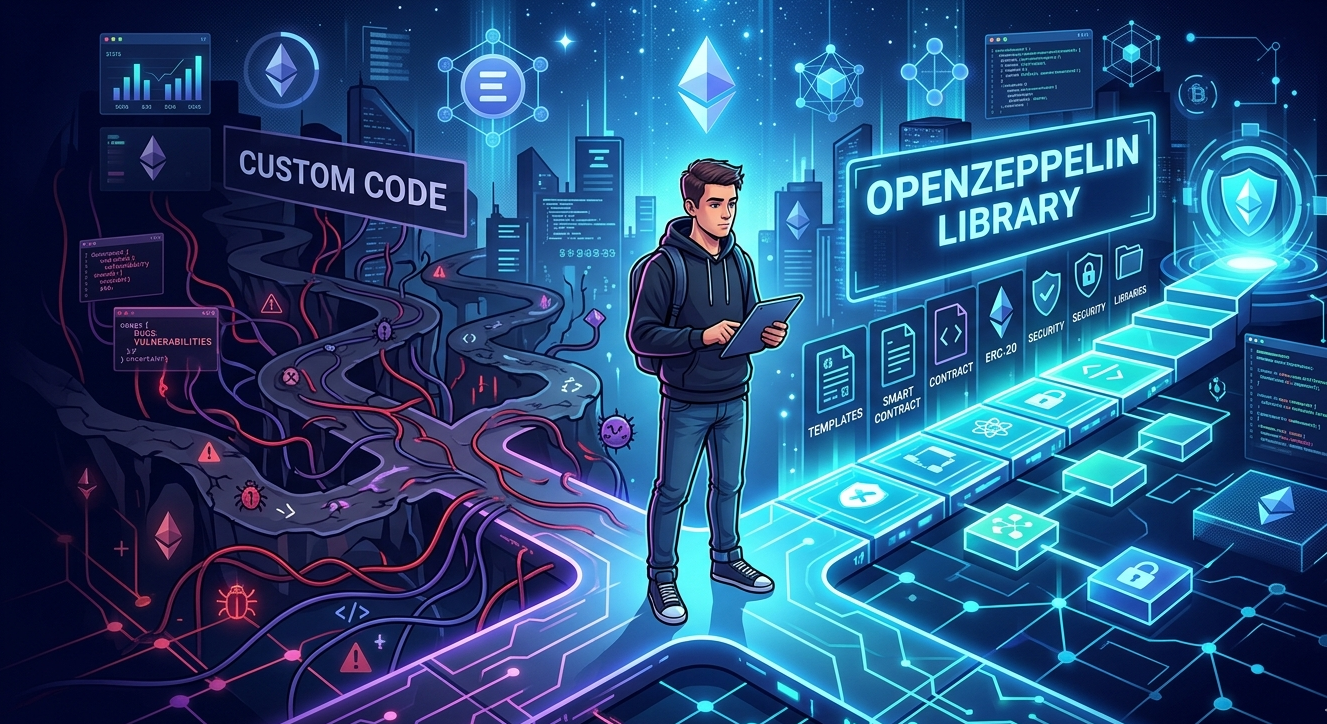 Developer choosing between OpenZeppelin library and custom smart contract code for blockchain security