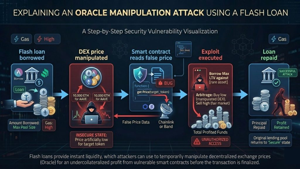 Step-by-step infographic of flash loan oracle manipulation attack affecting smart contract price feeds