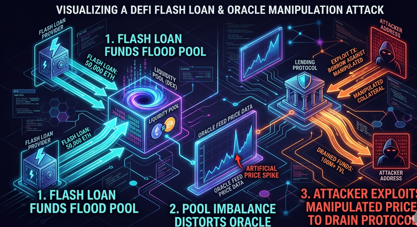 Flash loan attacker manipulating price oracle data to exploit a DeFi protocol in a single transaction