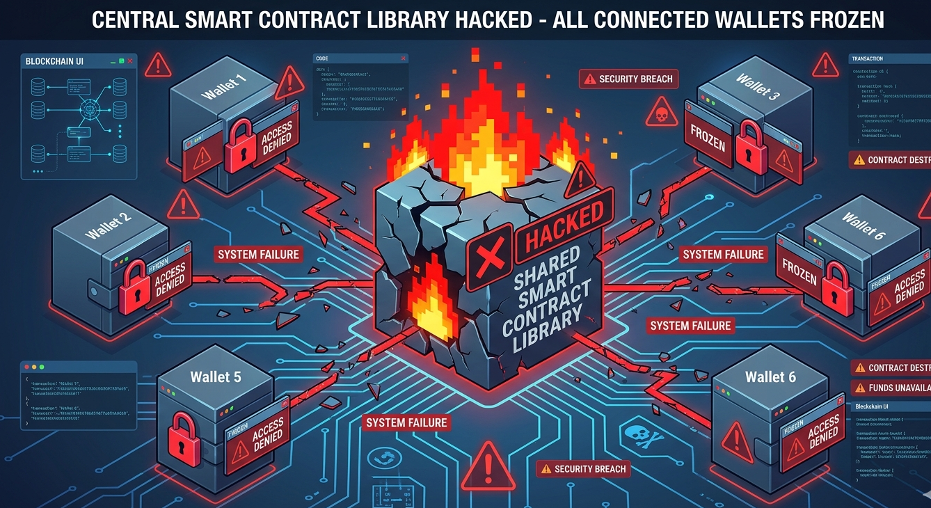 Shared smart contract library vulnerability causing multiple wallets to become frozen after unauthorized access
