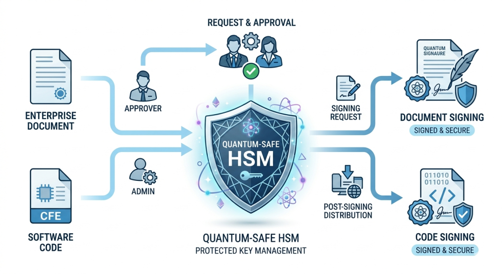Quantum-safe digital signing workflow for enterprise code and document security