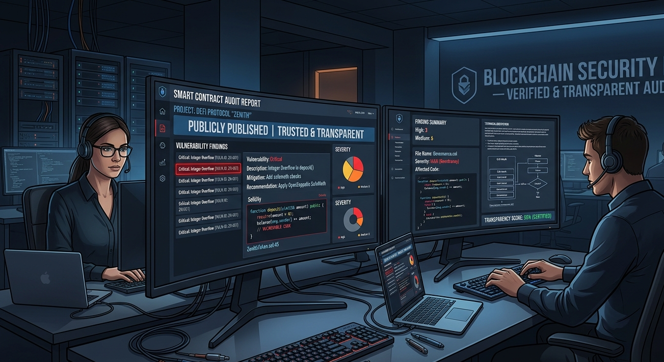 Blockchain security audit reports displayed with vulnerability findings and technical documentation