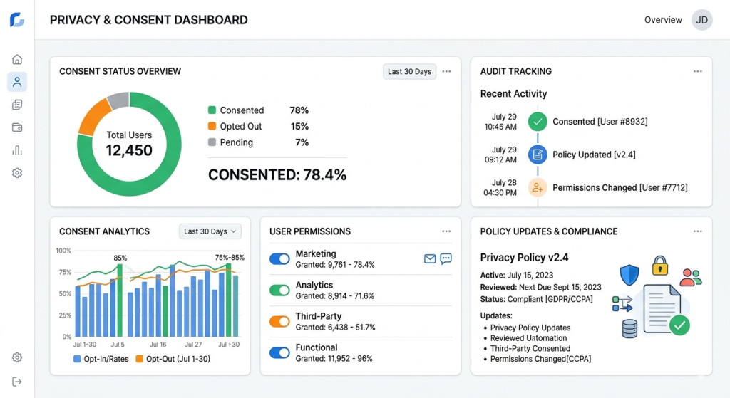Enterprise consent dashboard showing user permissions and compliance tracking in real time