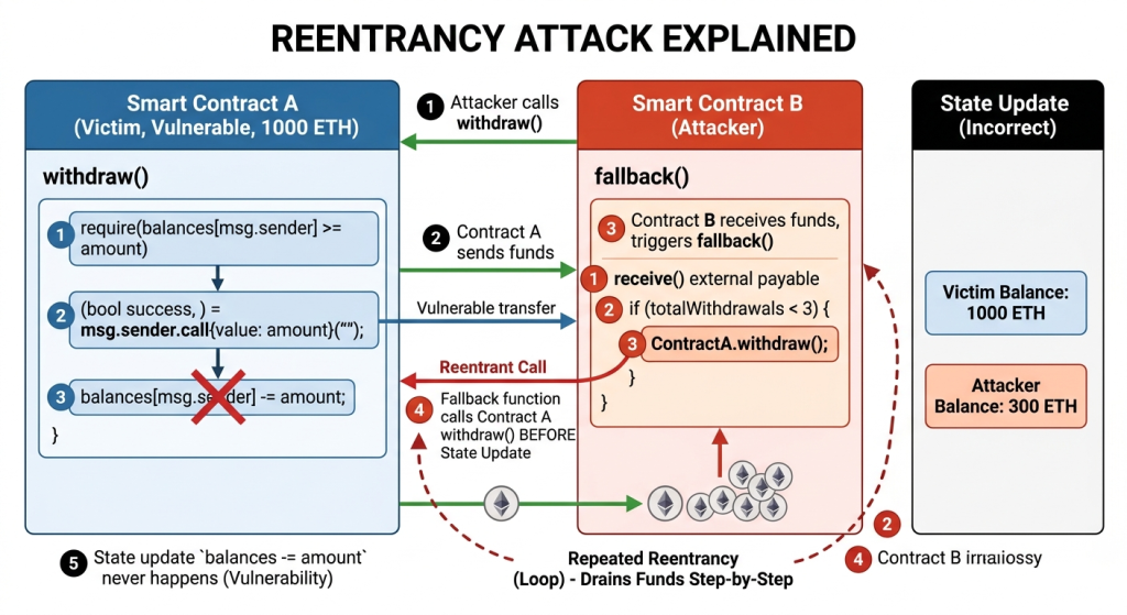 Diagram of a reentrancy attack where a malicious contract repeatedly withdraws funds before state updates occur