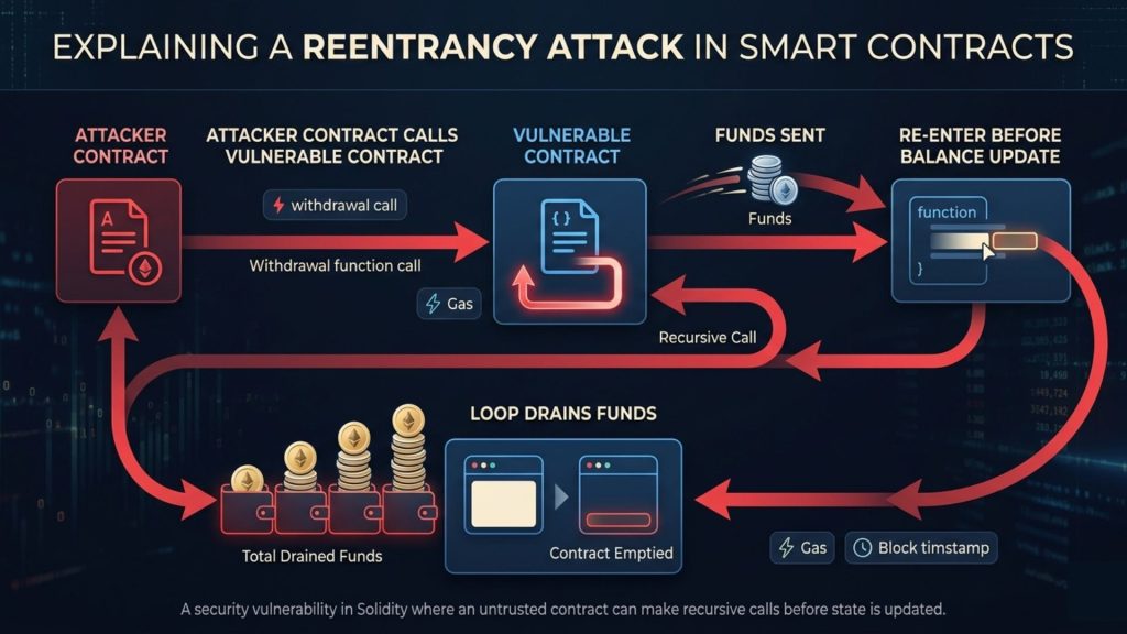 Flowchart showing reentrancy attack cycle where attacker repeatedly calls vulnerable contract before balance update