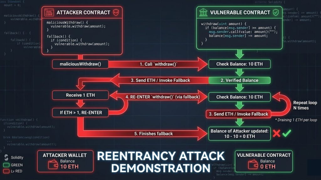 Flowchart showing reentrancy attack where attacker contract repeatedly calls vulnerable contract to drain funds