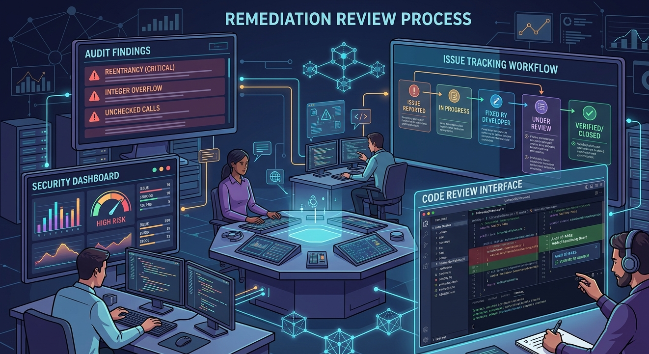 Smart contract developers fixing vulnerabilities after audit report with auditor verification process