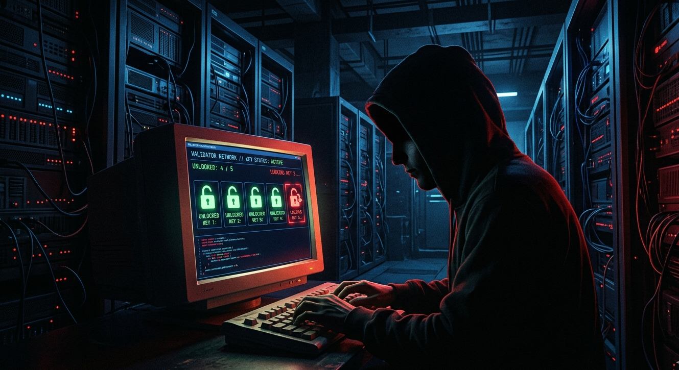 Hacker in a dark room exploiting a blockchain validator node