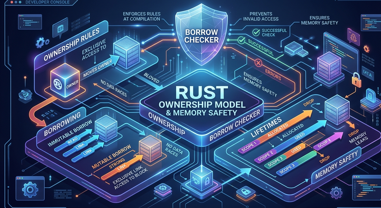 Rust ownership model diagram showing memory safety and prevention of vulnerabilities
