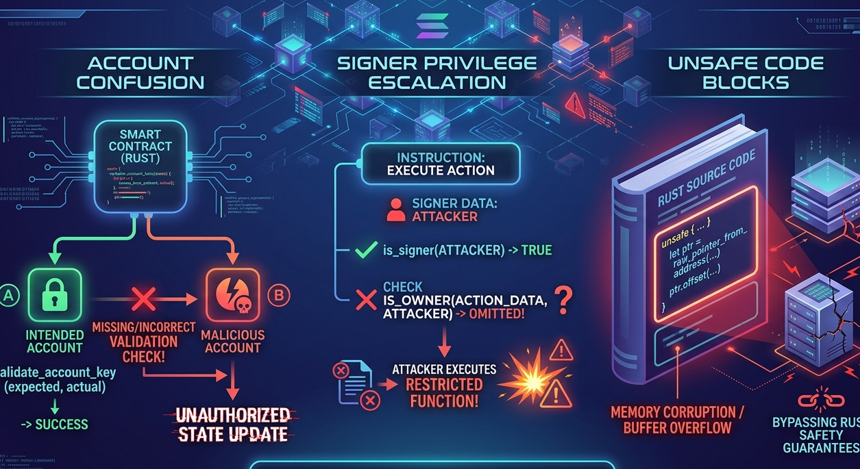 Rust smart contract vulnerabilities such as account confusion and signer privilege escalation on Solana