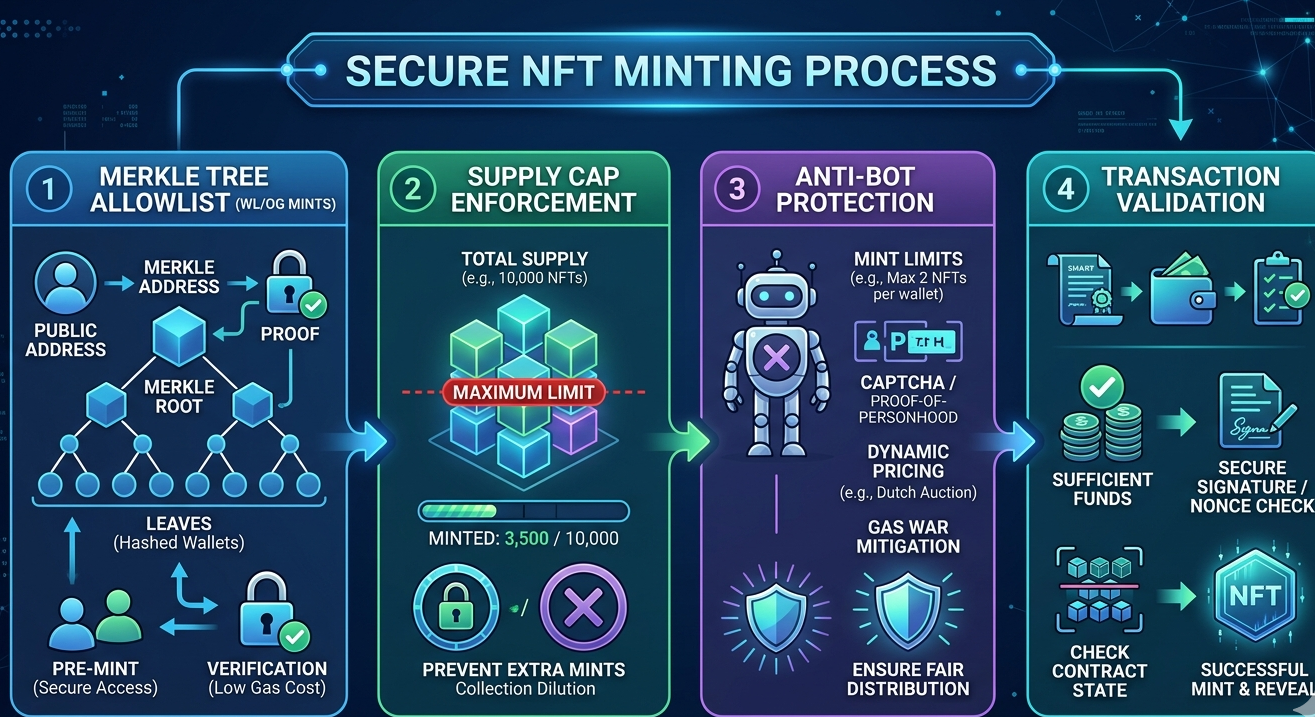 Secure NFT mint system with allowlist, supply limits, and anti-bot protections