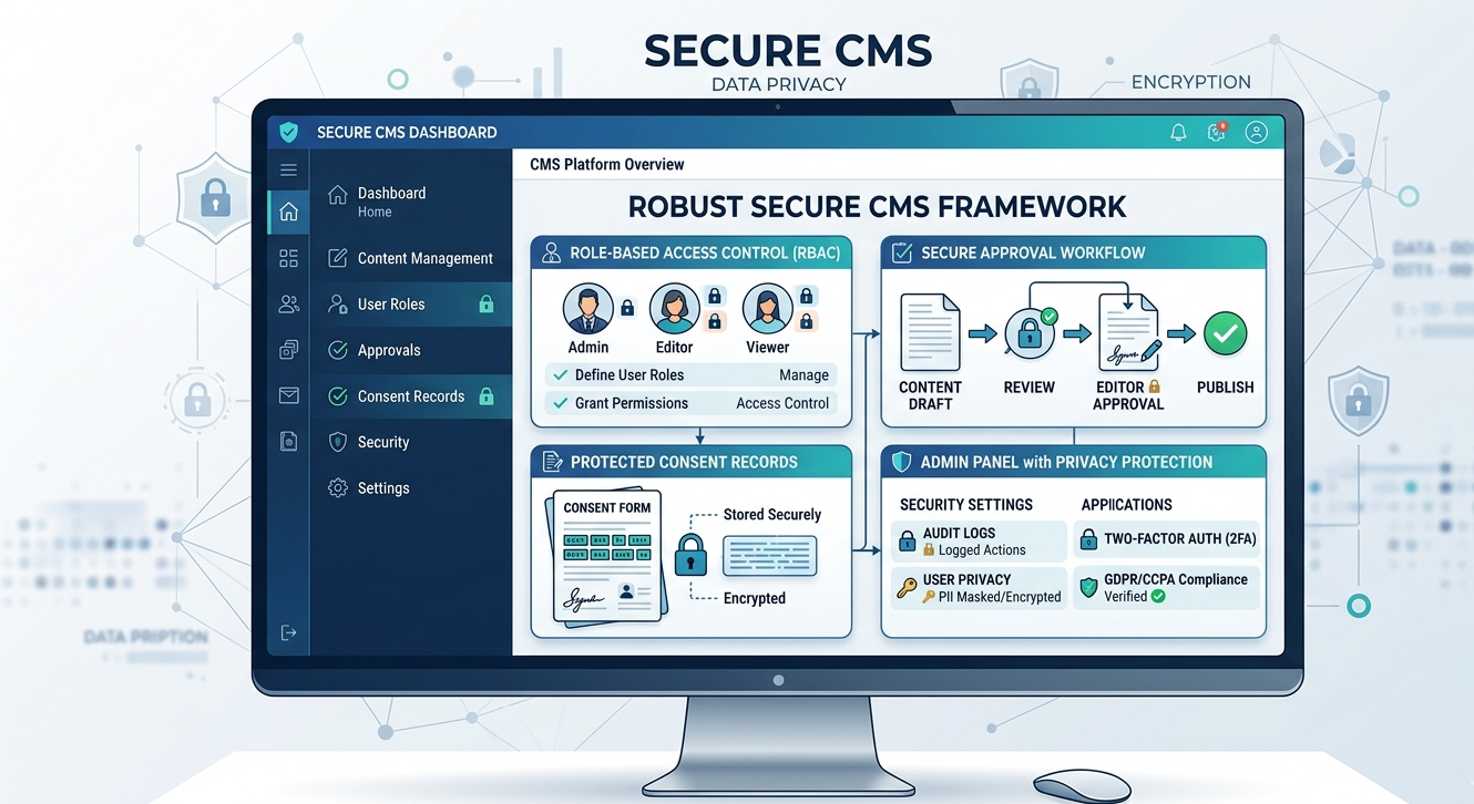 SecureCMS platform protecting consent records with access control and secure publishing workflows