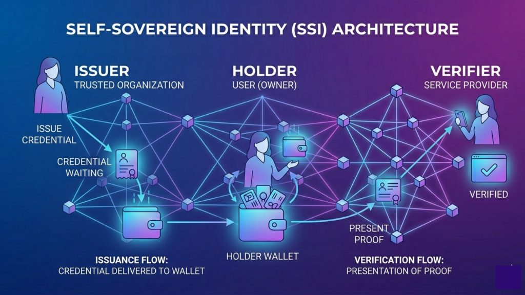 Diagram showing self-sovereign identity architecture with issuer holder and verifier roles using decentralized identifiers and verifiable credentials