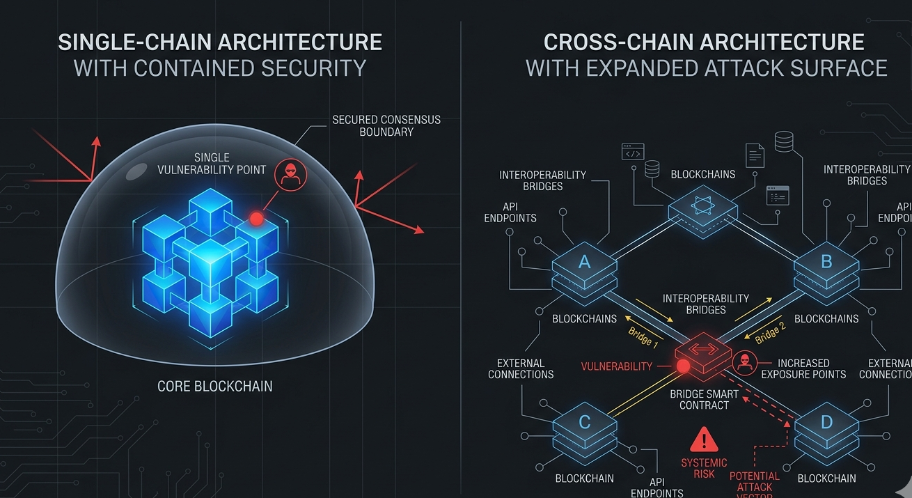 Comparison of isolated single-chain smart contract security versus complex cross-chain trust architecture